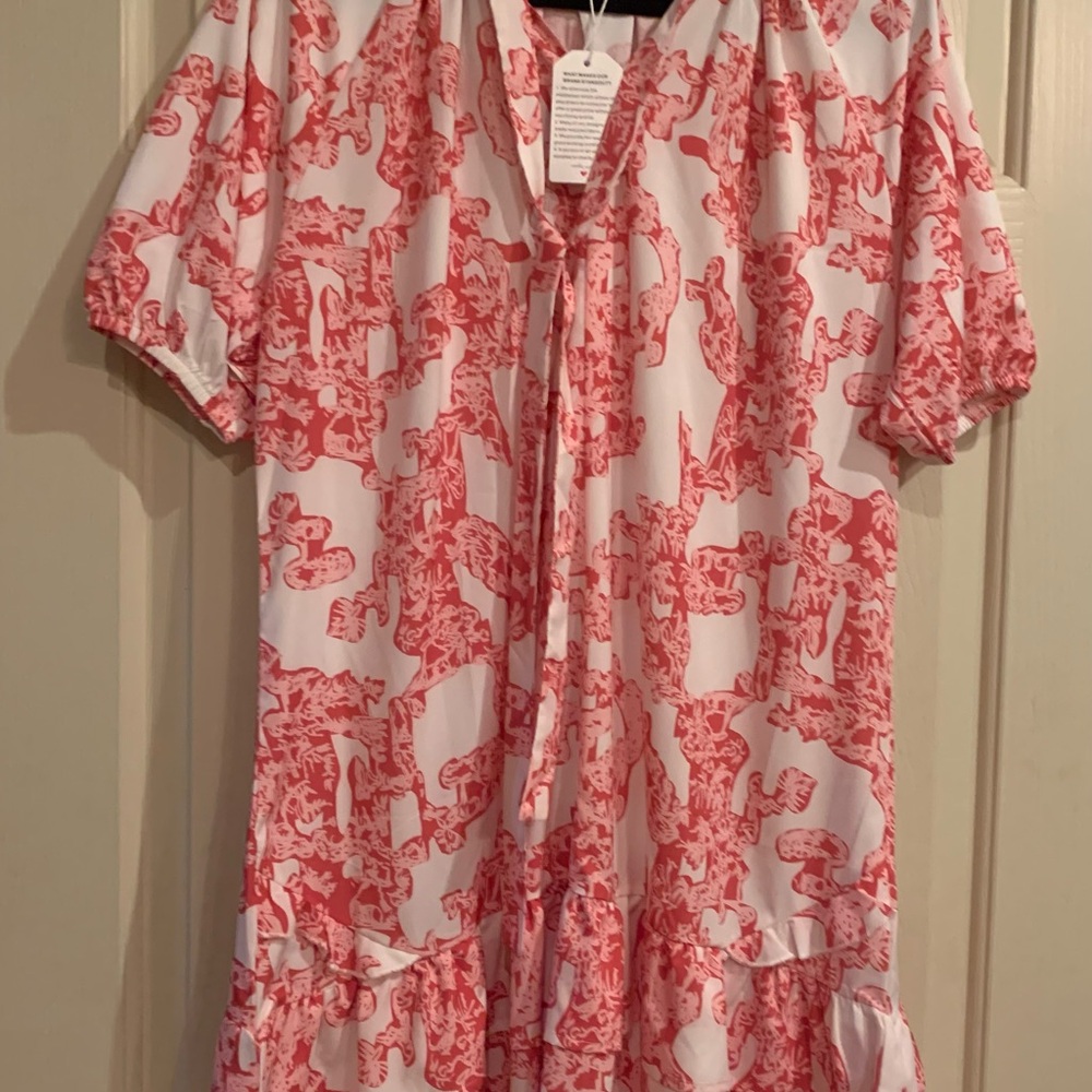 Pink & White Printed Tie-Neck Dress